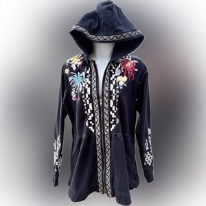 Johnny Was Navy Zip-Up Hoodie with Peplum & Multicolor Floral Embroidery